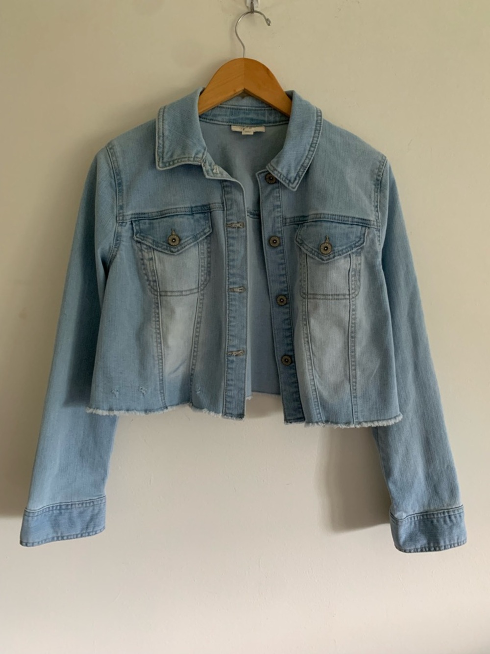 Style & Co Cropped Distressed Raw Edge Hem Denim Jacket, Medium, Light Wash Blue